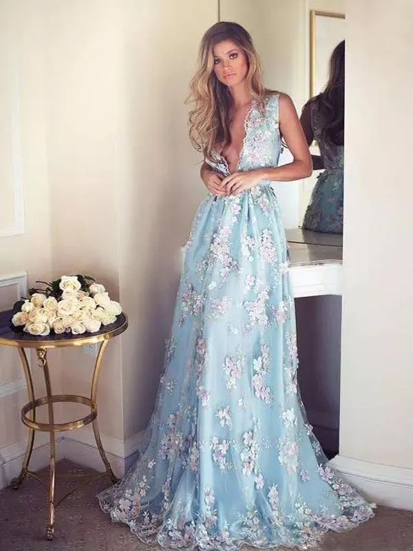 A-line V-neck Light Blue Tulle Prom Dress With Applique ,Cheap Prom Dresses,PDY0414