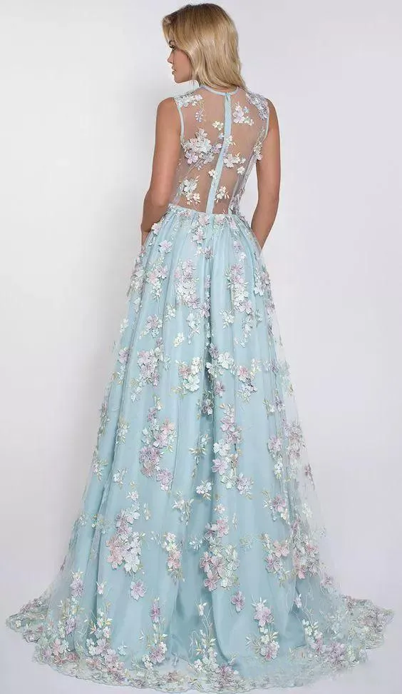 A-line V-neck Light Blue Tulle Prom Dress With Applique ,Cheap Prom Dresses,PDY0414