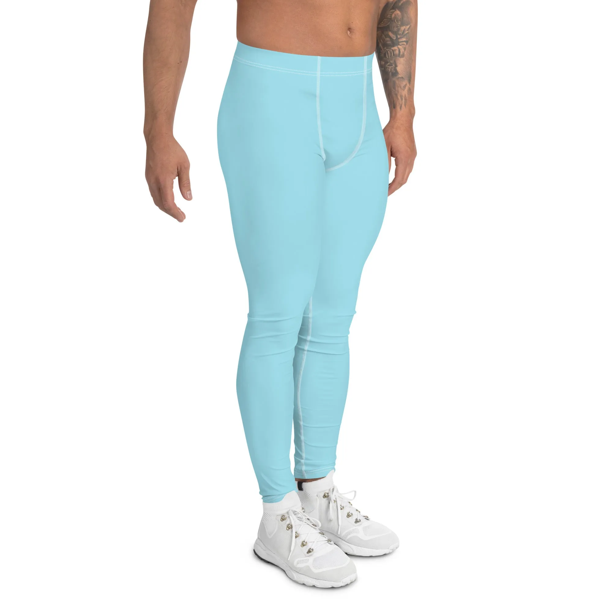 Baby Blue Color Men's Leggings, Modern Solid Blue Color Designer Spandex Men's Tights/Leggings- Made in USA/ MX/ EU