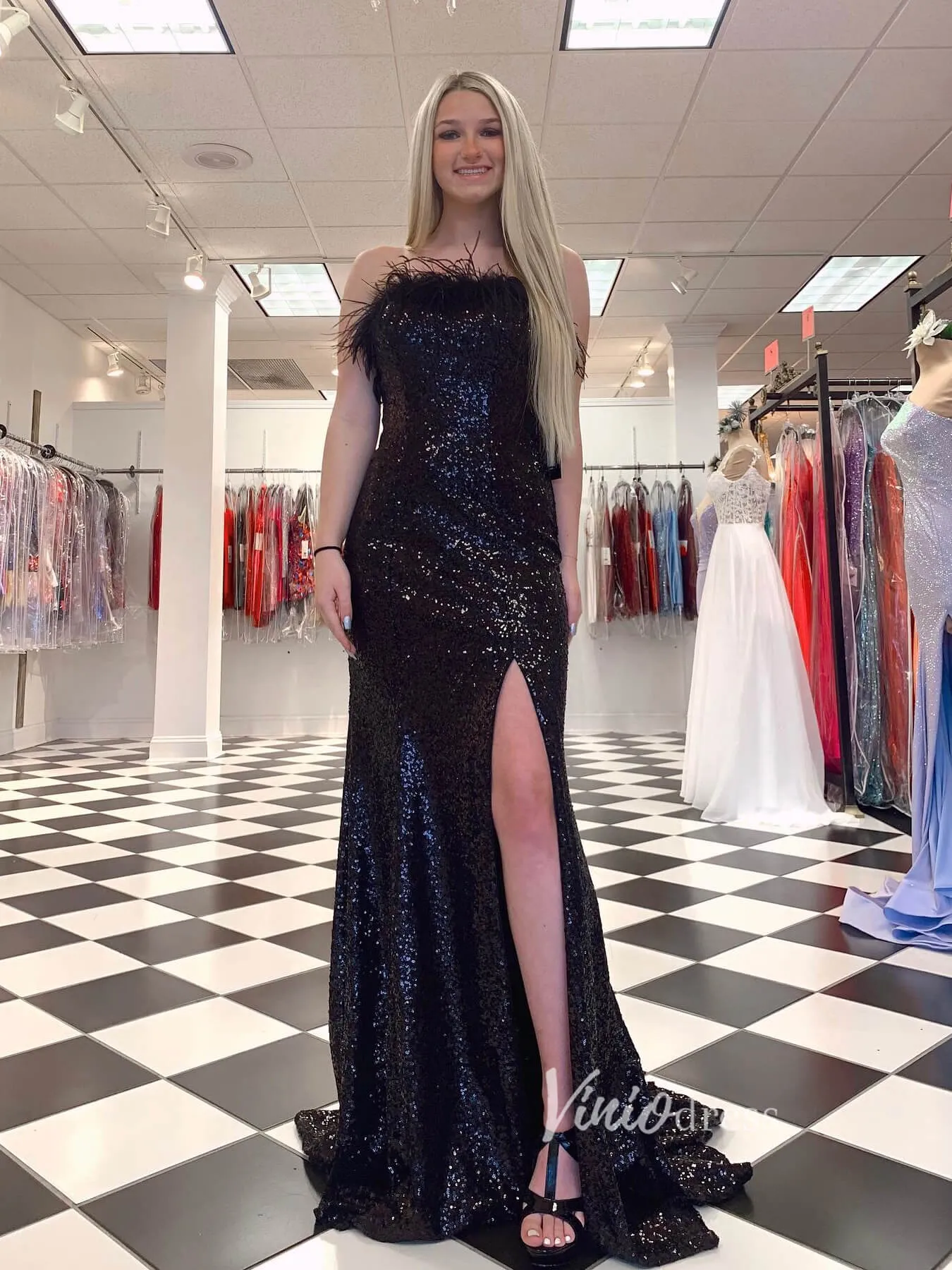 Black Sequin Prom Dresses with Slit Feather Evening Gown FD2741