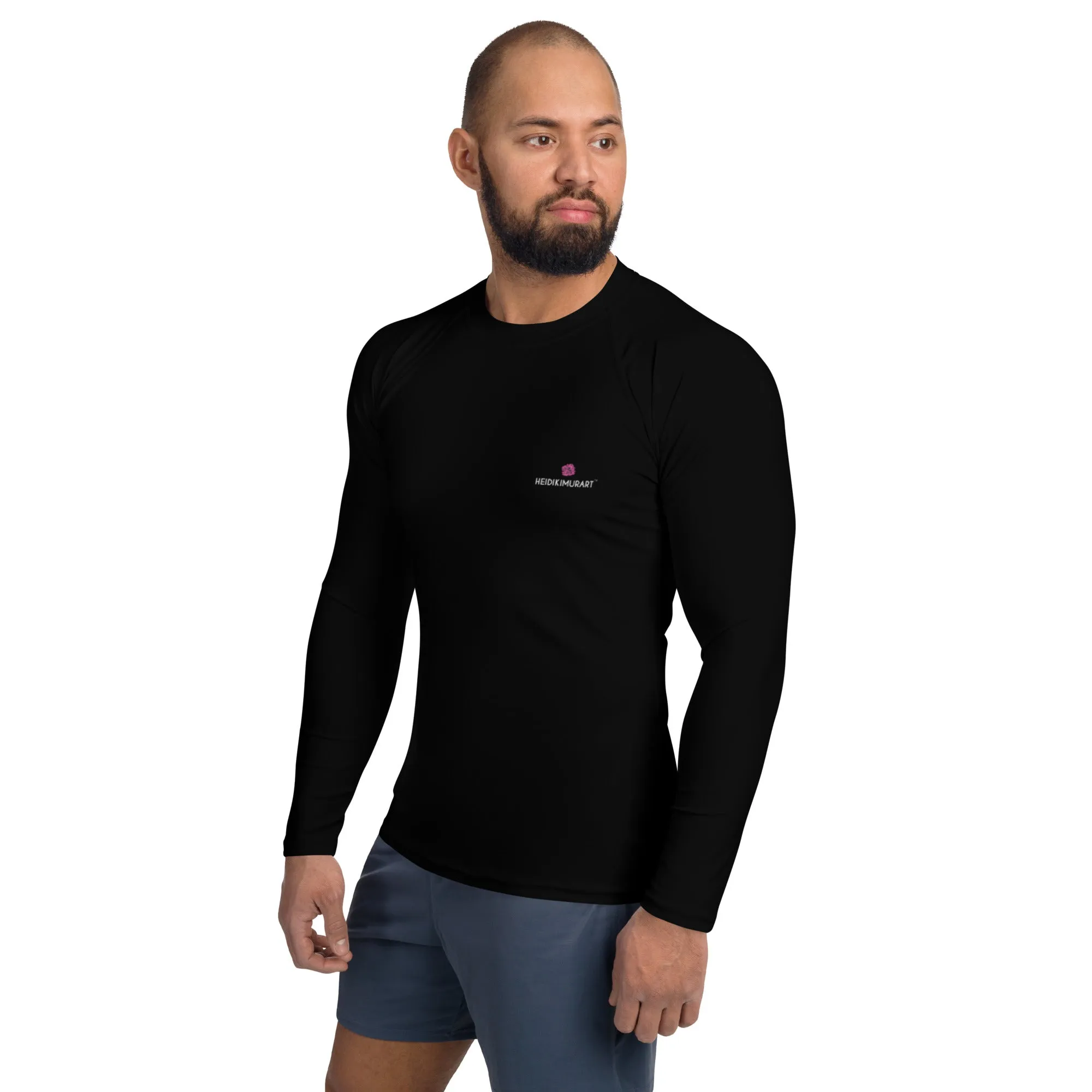 Black Solid Color Men's Top, Best Men's Rash Guard UPF 50  Long Sleeves Designer Polyester Spandex Sportswear