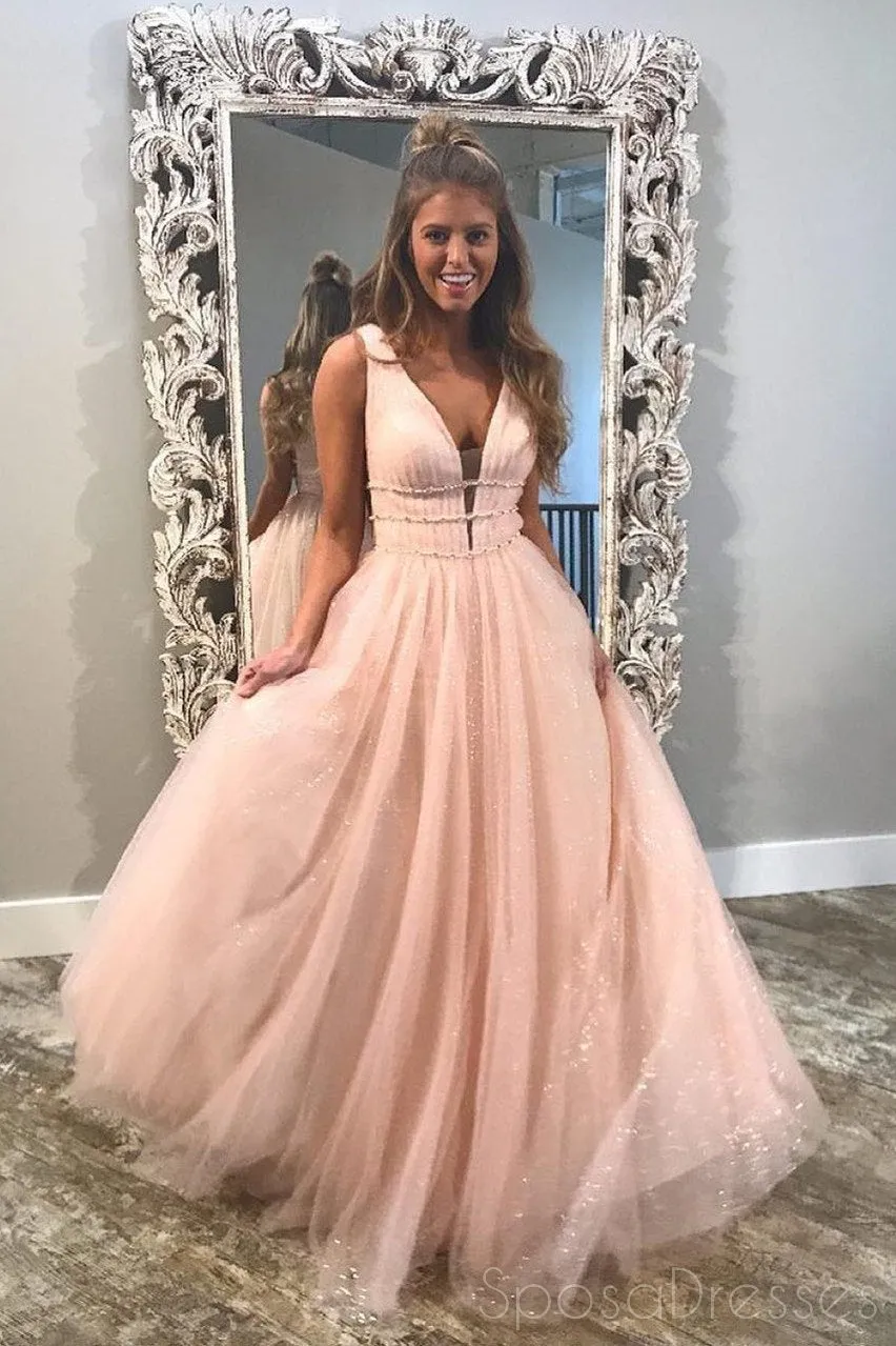 Blush Pink V Neck Straps A-line Sparkly Tulle Long Evening Prom Dresses, 17562