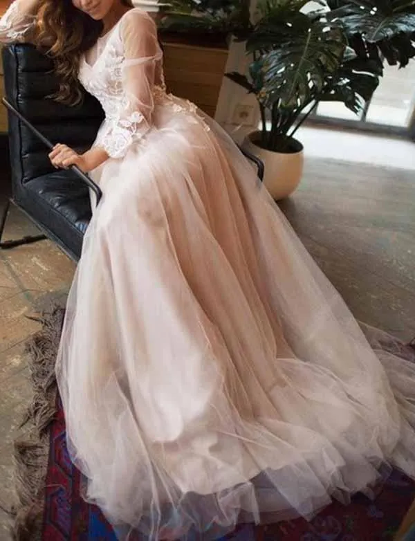 Charming A Line Long Sleeves Ivory Tulle Evening Dresses,Cheap Prom Dresses,PDY0569