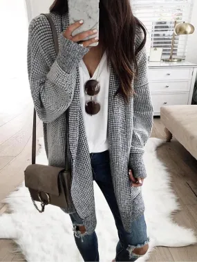 Coats Plaid Long Sleeve Mid-Length Woolen Cardigan Coat for Women