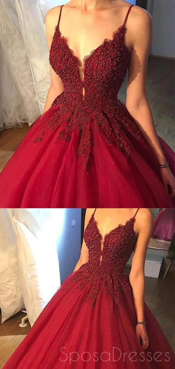 Dark Red A line Lace Beaded V Neckline Long Evening Prom Dresses, Long Party Prom Dresses, 17274