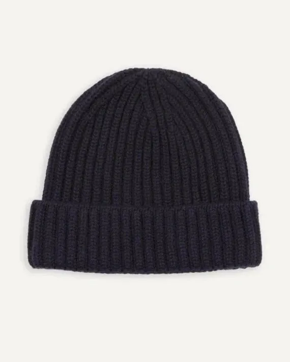 Drake's Cashmere Ribbed Knit Beanie / Navy