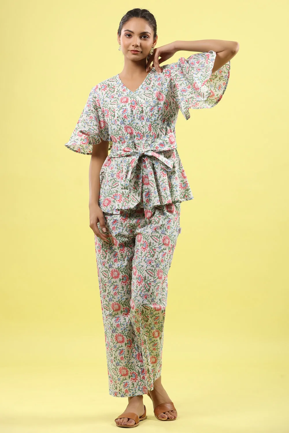 Floral Jaal on White Lounge Co-ord Set