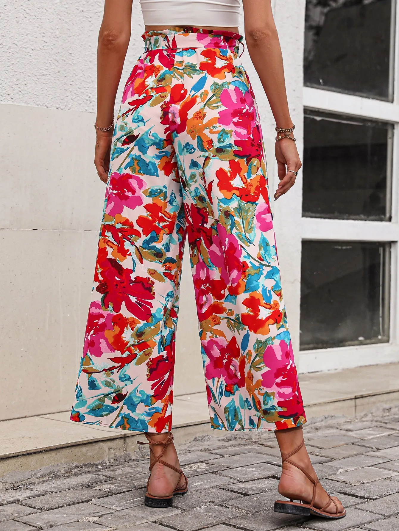 Floral Tie Belt Wide Leg Pants