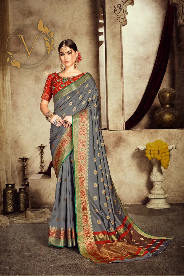 Grey Designer Silk Saree