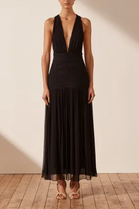 LAUREN PLUNGED TIE BACK MIDI DRESS - BLACK