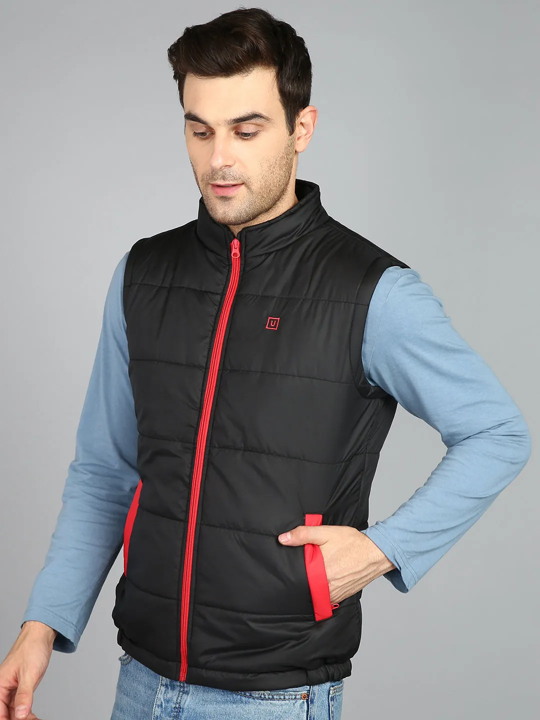 Men's Black Sleeveless Zippered Puffer Jacket