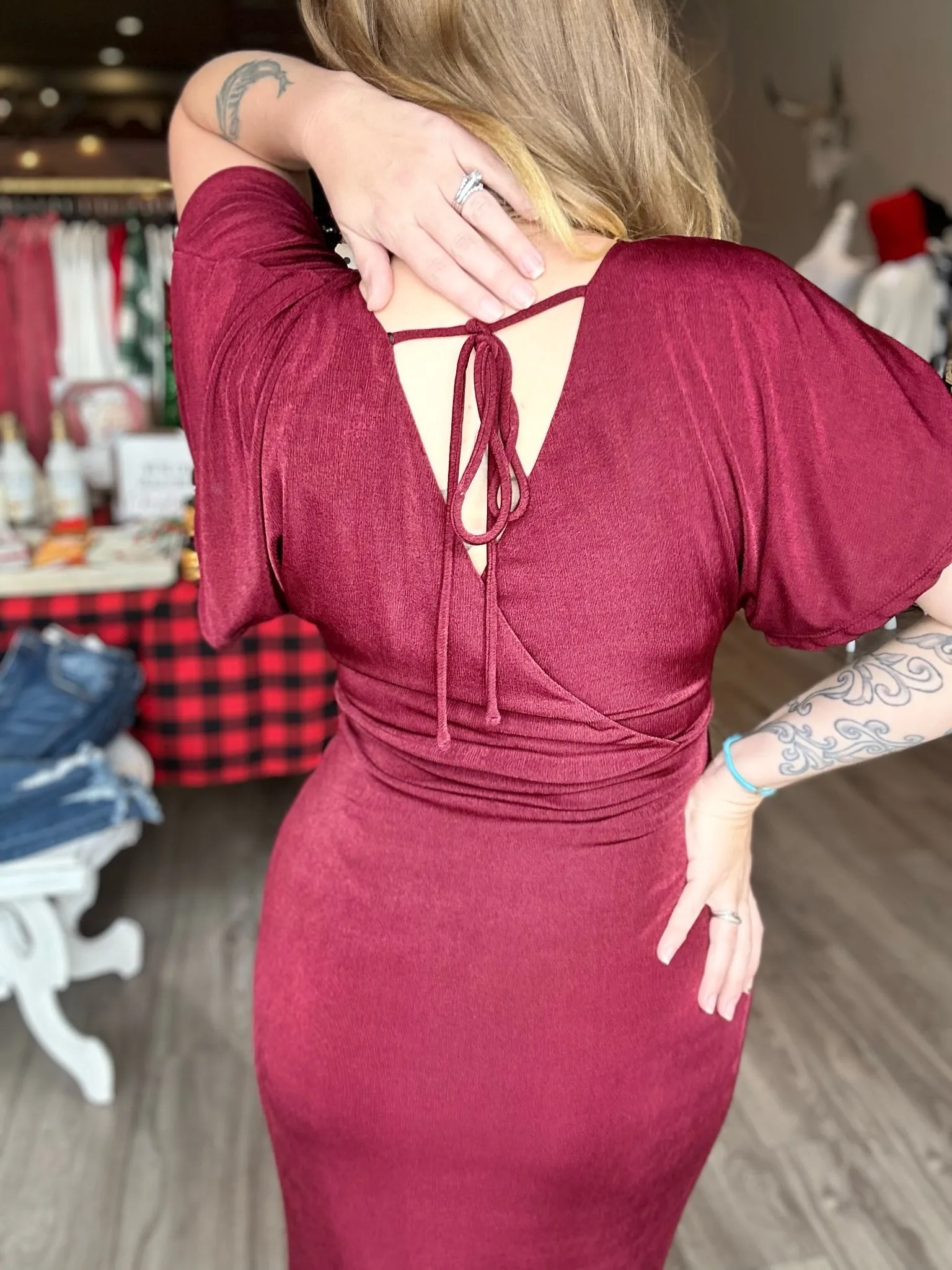 Merlot Split Wrap Flutter Sleeve Dress