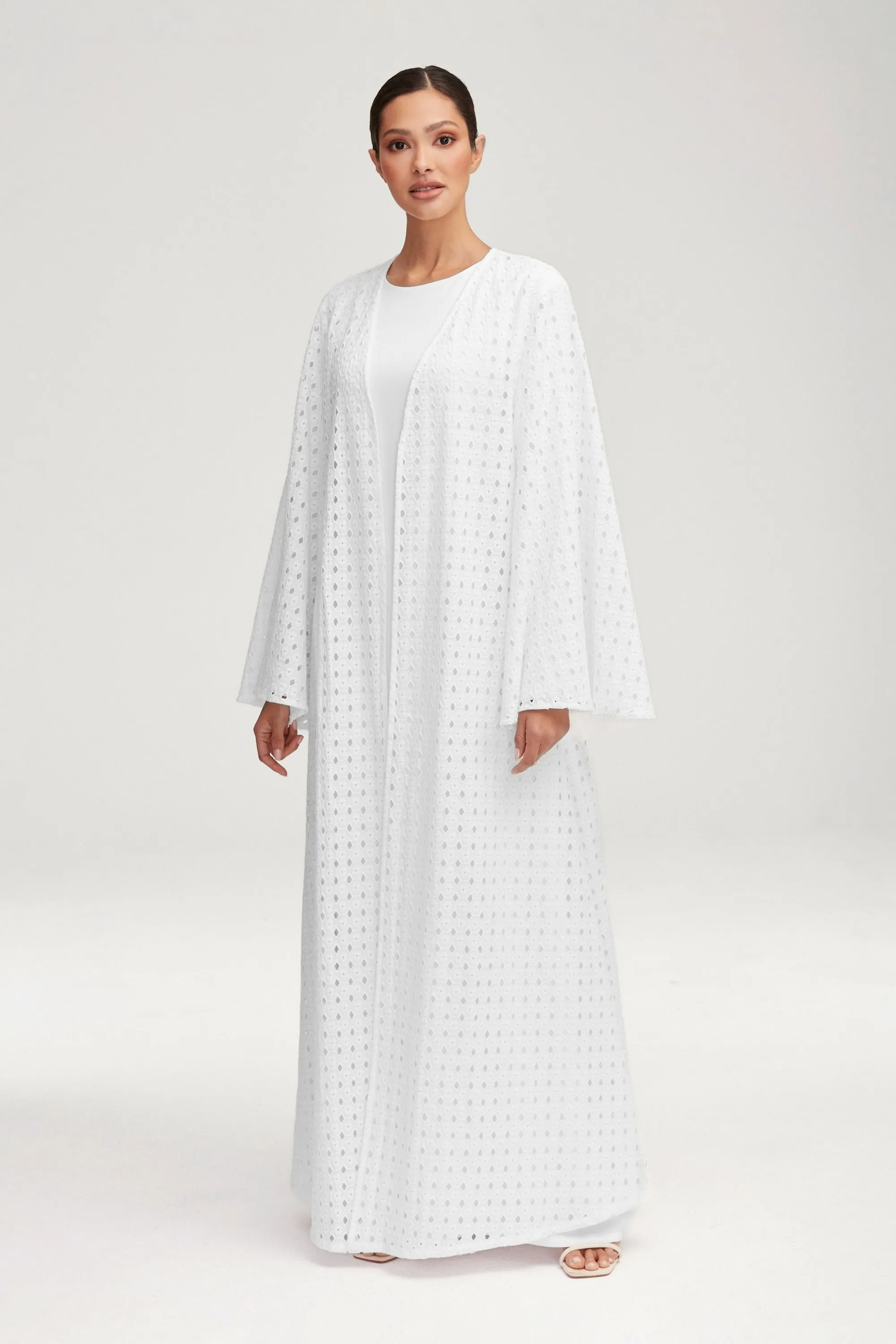 Nabila White Eyelet Open Abaya