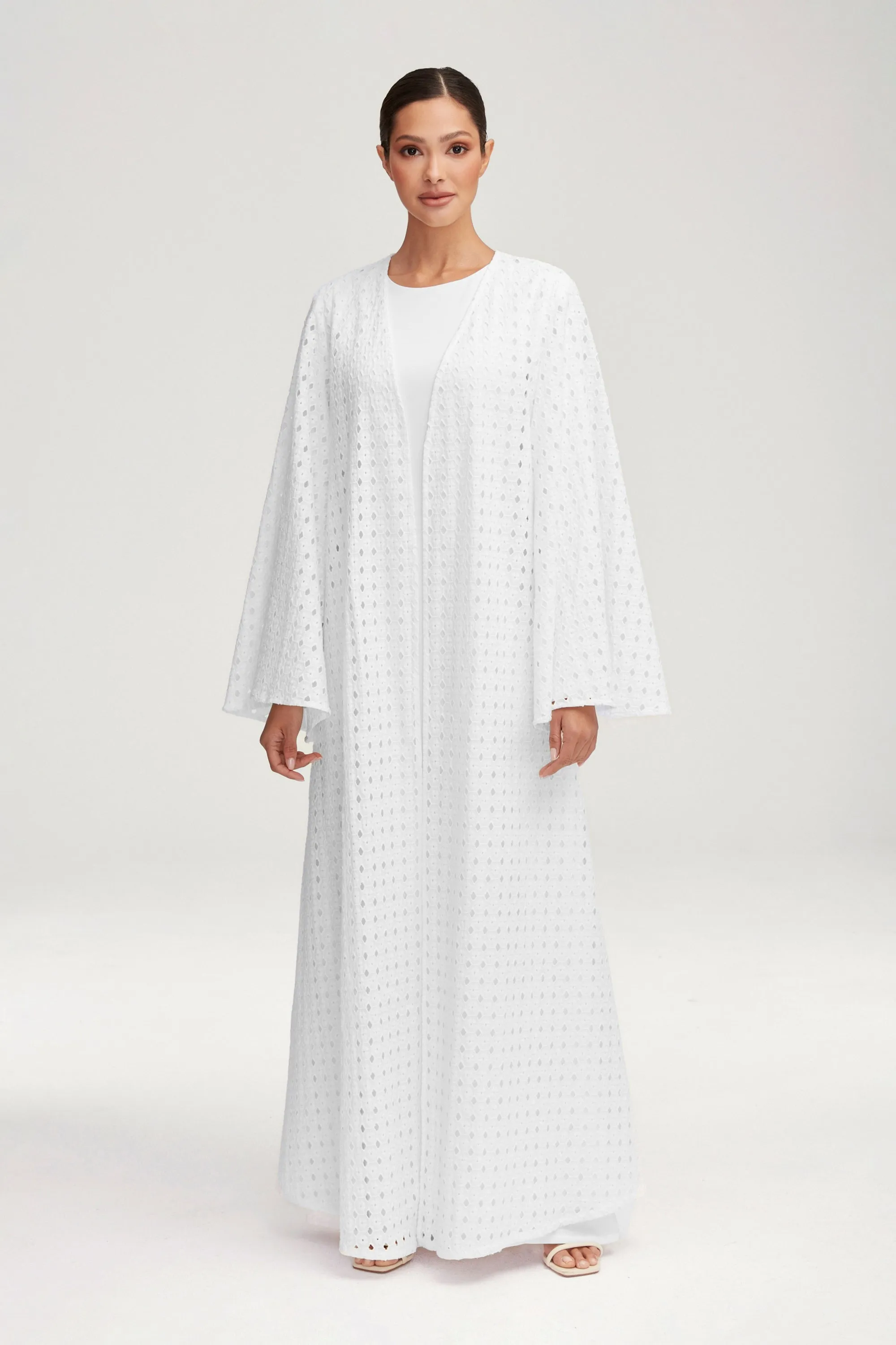 Nabila White Eyelet Open Abaya