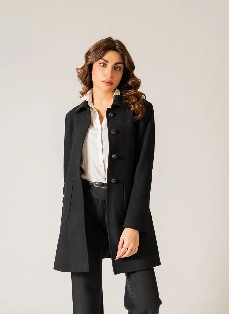 Plain Black, Woolen Fleece, Women's Long Coat