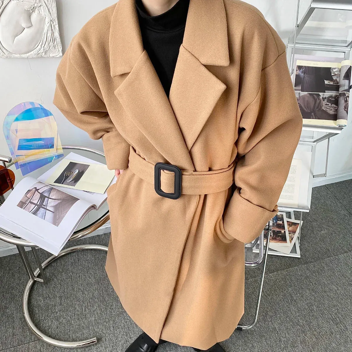 Wiaofellas  -  New Men's Button Decorative Belt Bandage Waist Woolen Coat Oversize Mid Length Clothes Thick Male's Coats Long Sleeve Y4227